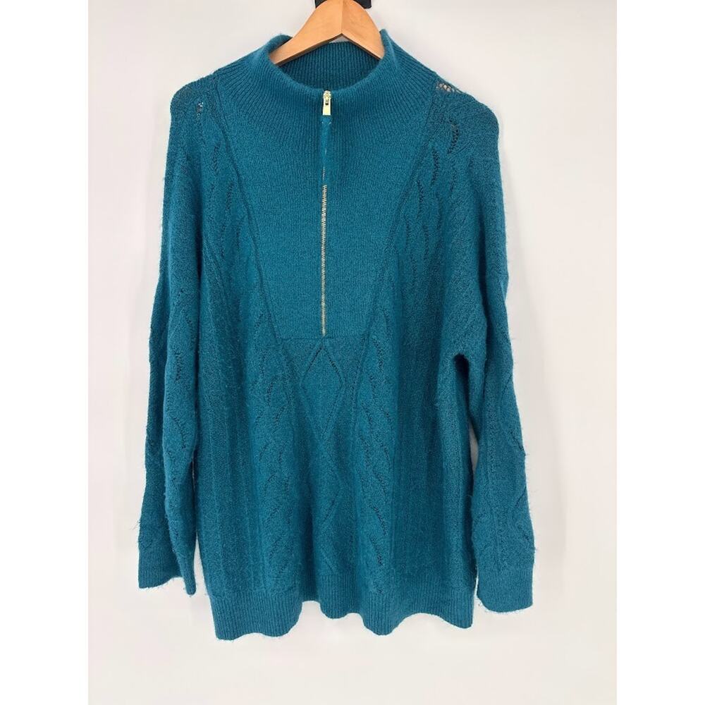 Talbots Plus Sweater 1/4-Zip Pullover Womens Size 1X Teal Blue Cable Knit Tunic